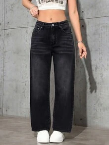 SHEIN American Street Style Distressed Black Straight Leg Jeans With Adjustable Waist Buckle Design, Minimalist Slimming Casual Straight Leg Pants - Black - View 3
