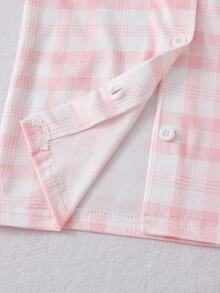 Baby Girl Pink Plaid Lapel Long Sleeve Loungewear Set, Cute Cartoon Expression Rabbit Print Long Sleeve Top And Pants 2-Piece Set - Pink - View 7