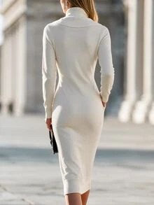 Balvessa Minimalist Intellectual Style Large Lapel Half-Button Metal Button Long Sleeve Double Side Pocket Bodycon Drape Commuter Vibe Women's Sweater Dress - White - View 2