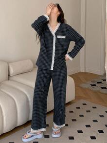 DAZY 2pcs Plaid Embroidered Pattern Pajama Set Fall - Navy Blue - View 3