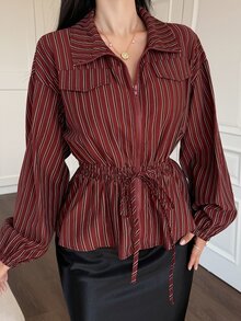 Livesso 女款條紋落肩長袖腰部綁帶前開襟拉鍊夾克外套 秋季 - 酒紅色 - 查看 6