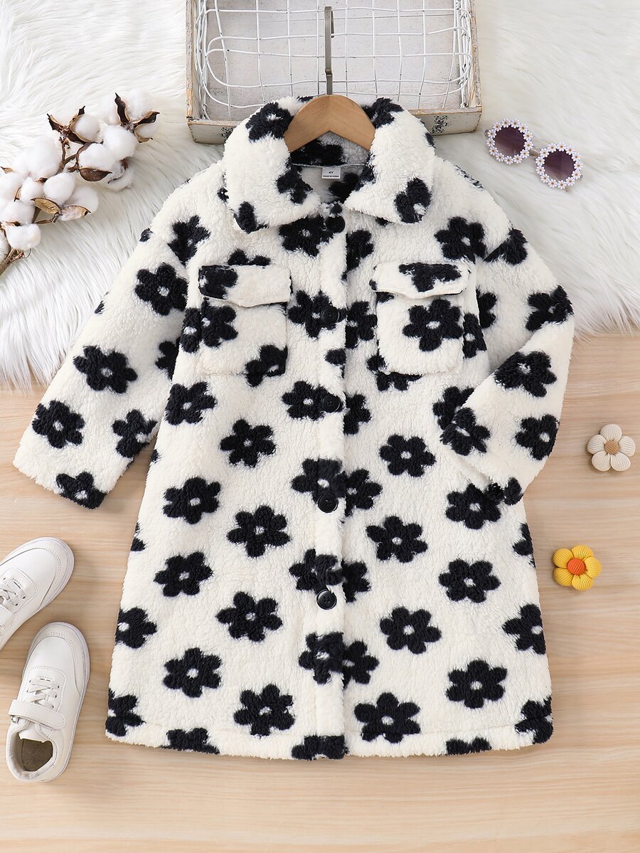 SHEIN Young Girl Knitted Flower Dual Pocket Faux Fur Collar Casual Jacket - Black and White - View 1