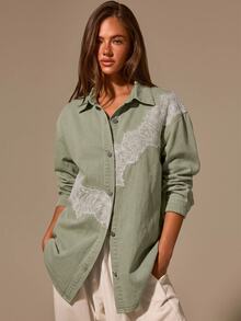 Athîral Denim Women's Lace Patchwork Denim Top - Khaki - View 4