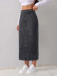 SHEIN Tall 女款高腰單排扣休閒牛仔裙職場穿搭 - 黑色 - 查看 5