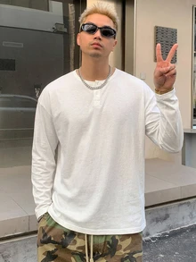 DAZY Spring/Autumn Long Sleeve Solid White Crew Neck Button Half-Placket Minimalist Korean Style Men's T-Shirt - Light Grey - View 4