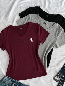 SHEIN EZwear 3件組女款夏季V領修身T恤，龐克次文化動漫純色基礎款V領短袖修身T恤 - 彩色 - 查看 4