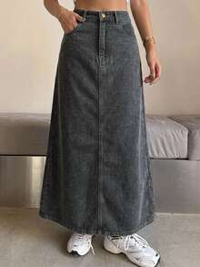 Livesso Women's Cotton High Waist Deep Blue Washed Solid Color A-Line Flared Fitted Denim Skirt Fall - Dark Grey - View 4