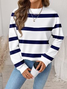 SHEIN CURVE+ Plus Size Women's Blue Striped Pattern Print Crew Neck Long Sleeve White Sweatshirt, Suitable For Autumn/Winter, White Sweatshirt Fall - Multicolor - View 7