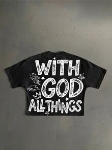 Manfinity ZONE917 American Retro Hip Hop Graffiti Prayer GOD Graphic Men's Standard Size Batwing Sleeve Cropped Loose Short Sleeve T-Shirt - Black - View 6
