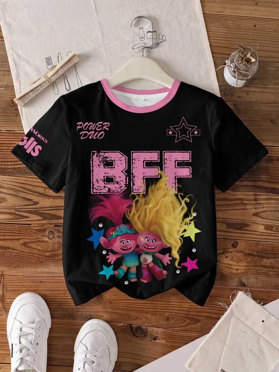 SHEIN Trolls Tween Girl Cartoon Print Short Sleeve T-Shirt - White - View 1