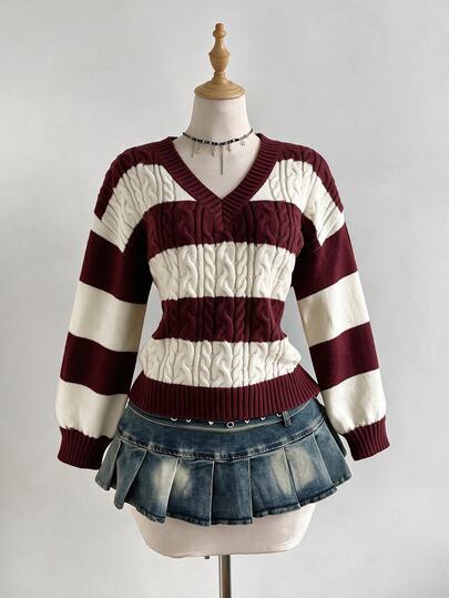Mori Grove Mori Grove Women's Autumn/Winter Casual Versatile V-Neck Navy & Apricot Multi-Color Striped Lantern Sleeve Fashion Knit Sweater Top