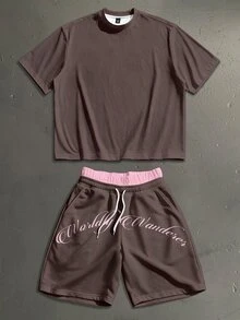 Manfinity Roghcode 男士標準尺寸落肩寬鬆短袖T恤與雙腰帶短款運動長褲套裝 - 棕色 - 查看 3