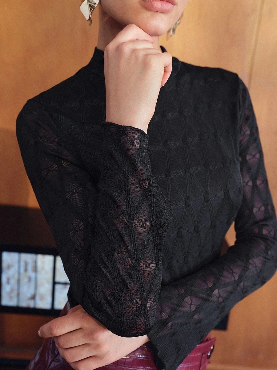 MOTF PREMIUM WOMEN'S ELEGANT LACE STAND COLLAR SLIM FIT T-SHIRT - Black - View 2