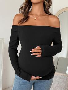 Dazy Maternity Solid Color Fitted Elastic Square Neck Long Sleeve Casual Vacation Spring/Autumn Maternity T-Shirt - Black - View 6