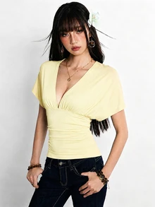 Rina Fox 女款薄荷藍深V領露背繫帶短袖性感修身上衣 - 淡黃色 - 查看 5