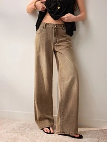 Willow Rêve Women's Brown Mid-Waist Straight Wide Leg Pants, Vintage Streetwear Washed Fluid Silhouette, Solid Color Western Casual Bohemian Style, Going Out Fall - Khaki - View 1