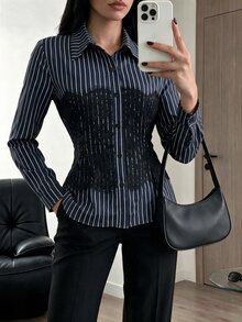 Modelyn Designer Striped Lace Patchwork Shirt Collar Long Sleeve Slim Fit Youthful Women's Fashion Versatile Elegant Blouse - Royal Blue - View 7