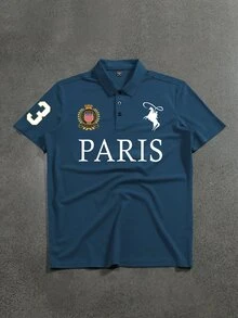 PAVTROS 男士夏季休閒字母印花 Polo 衫 - 霧霾藍 - 查看 1