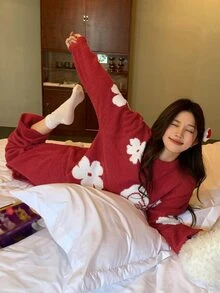 DAZY Autumn/Winter Soft & Cozy Floral Bow Half-Fleece 2 Pieces Pajama Set Loungewear For Women - Red - View 10
