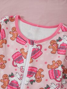 Tween Girls' Slim Fit Long Sleeve Long Pants Jumpsuit With Bow Print And Zipper, Loungewear - Multicolor - View 4