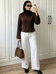 Elenzga Women's Solid Color Short Tweed Shirt - Brown - View 3