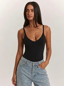 SHEIN BAE 女款純色休閒細肩帶背心 - 黑色 - 查看 4