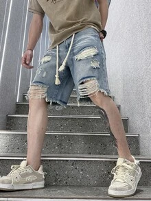 Manfinity Roghcode Men's Plus Size Button Distressed Streetwear Denim Shorts - Light Wash - View 5