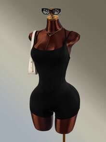 Amplova Women's Double Strap Thin Strap Backless One-Piece Tight Shorts - Black - View 3