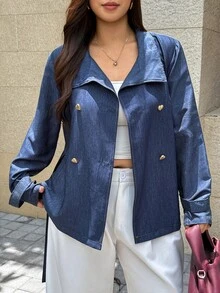 Easura Plus Size Denim Effect Long Sleeve Double-Breasted Heart Button Cinched Waist Jacket - Blue - View 5