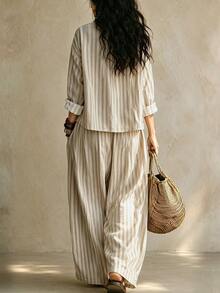 LUMIGAL Women's 2pcs Vintage Boho Casual Vacation Relaxed Fit Colorblock Striped V-Neck Waist-Cinching Top Lantern Wide Leg Pants Set Pockets Beige Fall - Multicolor - View 2