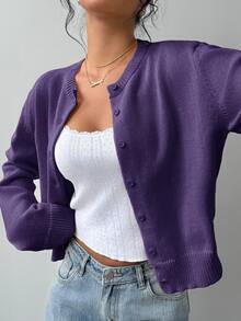 SHEIN Tall CURVE 大尺碼女款休閒純色圓領長袖寬鬆短版開襟針織外套 - 紫色 - 查看 6