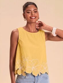 Travachic 女款花卉刺繡圖案休閒日常無袖上衣 - 黃色 - 查看 3