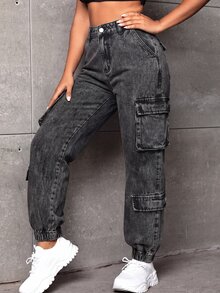 SHEIN SXY 女款休閒日常牛仔褲，附口袋與鈕扣設計 - 灰色 - 查看 3