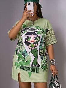 Slaydiva THE POWERPUFF GIRLS X SHEIN 大尺碼卡通印花洋裝，適合外出、街頭穿搭、Y2K風格 - 彩色 - 查看 1