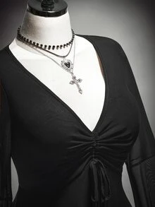 SHEIN ICON 大尺碼 Y2K 復古哥德風喇叭袖網紗 V 領洋裝，萬聖節洋裝，哥德風洋裝 - 黑色 - 查看 6