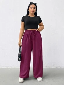 Shapeblank Plus Size Women's Solid Color Waist Tie Wide Leg Loose Pants - Multicolor - View 7