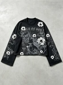 ROMWE MEN 2026 春/秋/冬新款休閒時尚 3D 印花男士 T-shirt，復古街頭風中性情侶長袖圓領上衣 - 黑色 - 查看 1