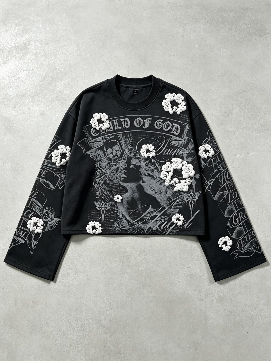 ROMWE MEN 2026 春/秋/冬新款休閒時尚 3D 印花男士 T-shirt,復古街頭風中性情侶長袖圓領上衣 - 黑色 - 查看 1