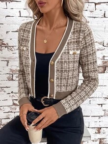 SHEIN Clasi 1件女款白色金邊修身短版開襟衫，格紋圖案，適合秋季/辦公室早午餐優雅穿搭 - 彩色 - 查看 4