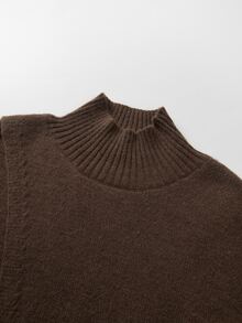 SHEIN Fall Casual Half Turtleneck Wrap Seam Oversized Bishop Sleeve Knit Sweater - Brown - View 3