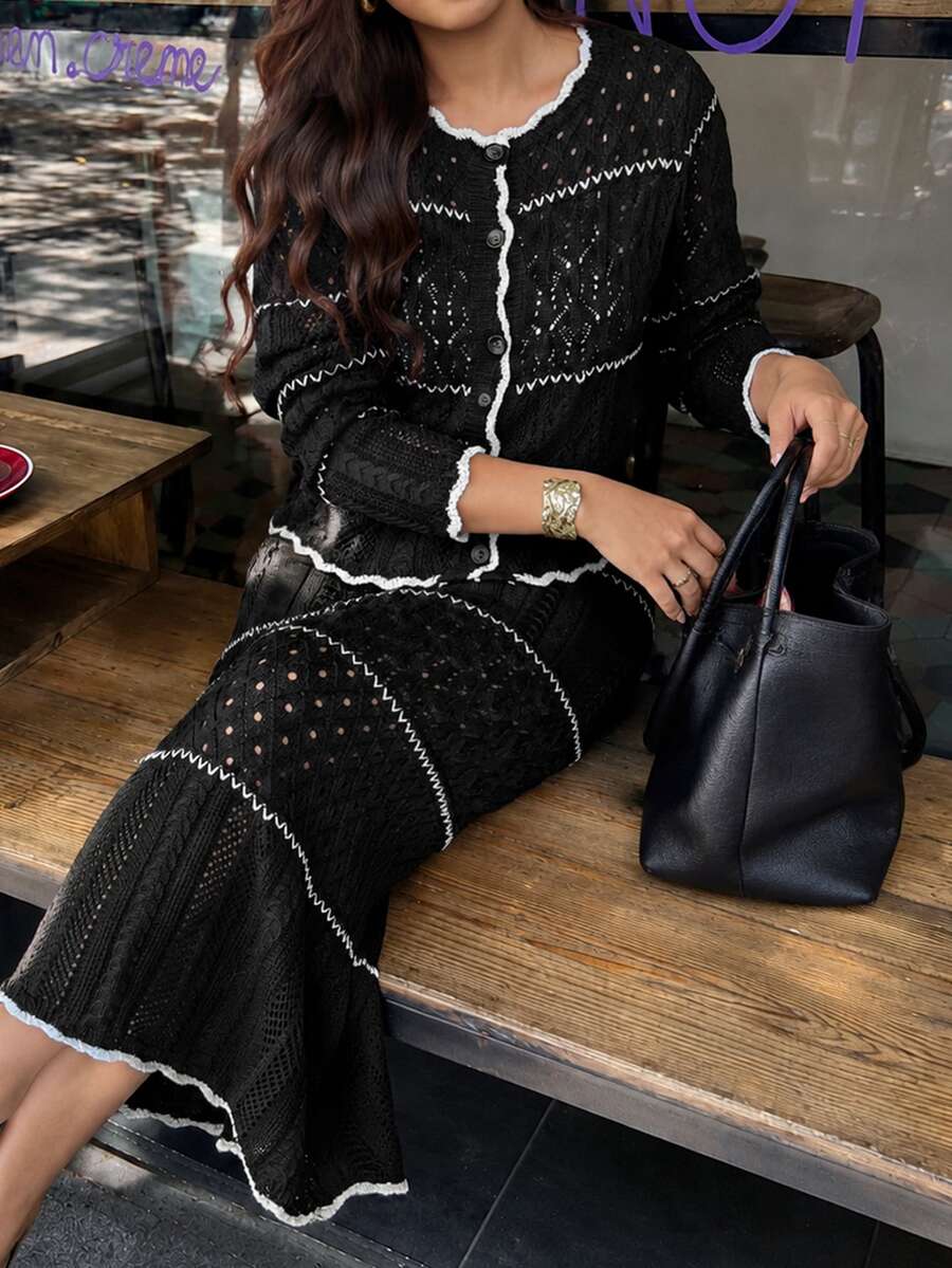 Vionelle Set Atasan Lengan Panjang Rajut Bergaris Berongga Gaya Liburan Lembut & Rok Maxi Bodycon Ekor Ikan Pinggang Tinggi - Hitam - View 1