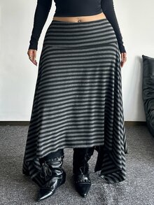 POPSWAY Plus Size Punk Asymmetrical Vertical & Horizontal Striped Vintage Midi Skirt - Black - View 5