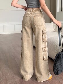 SHEIN 青少年女孩休閒百搭日常穿著工裝牛仔褲，附口袋與鈕扣設計 - 杏色 - 查看 2