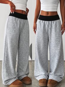 SHEIN Tween女孩針織純色拼接波點寬鬆直筒休閒長褲 - 灰色 - 查看 6