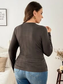 Easowa Curve 大尺碼女款圓領長袖修身T恤，柔軟舒適彈性休閒款 - Volcanic Gray - 查看 2