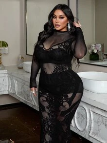 NU&NOW Plus Size Women's Sexy Mesh Date Party Dress Fall - Black - View 2