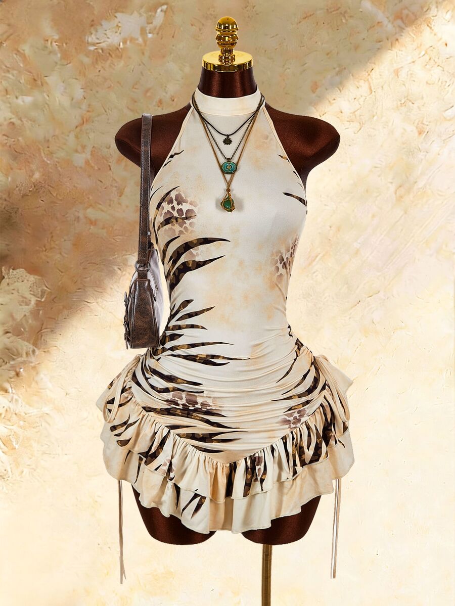 Amplova Women's Mini Dress Halter Neck Backless Lace Hem Positioned Print Vintage - Apricot - View 1