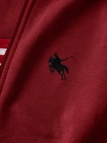 兒童青少年女孩休閒運動灰色小馬刺繡裝飾連帽開襟衛衣，秋冬款 - 酒紅色 - 查看 3