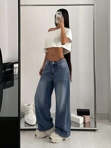 SHEIN Celana Jeans Denim Retro Model Lebar dengan Pinggang Tinggi, Desain Banyak Saku, Potongan Longgar, Cocok untuk Sehari-hari, Serbaguna, Panjang Hingga Lantai - Medium Wash - View 4