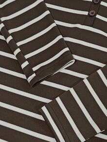 IslaSuriya Women's V-Neck Striped Fitted Long Sleeve Top - Coffee Brown - View 4